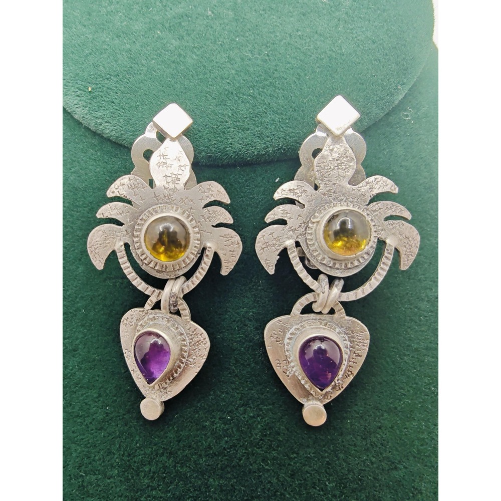 Antique Artisan Signed Clip o earrings with amethyst and amber. RARE